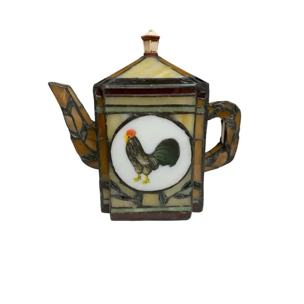 Vintage Tiffany Style Stained‎ Glass Rooster Teapot Lamp Farmhouse Art Deco